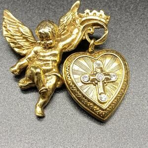 Vintage Vatican Library Collection Angel Cross Heart Locket Brooch Rhinestone